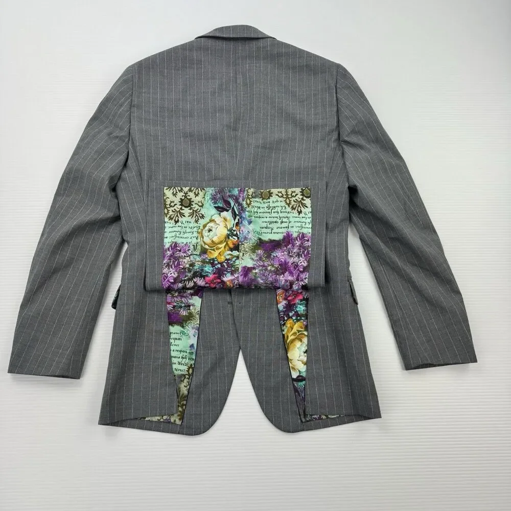Hive & Colony Gray Pinstripe Blazer Mens 38L Wool Blend Floral Lined Sport Coat